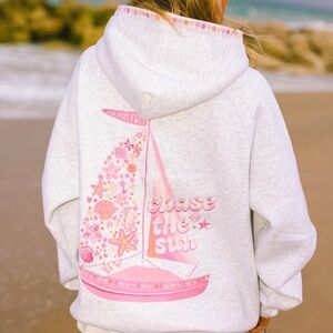 Pink Palm Puff “Chase the Sun” Relaxed Hoodie in Heather Cloud - NIB